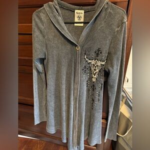 Vocal Charcoal Hooded Cardigan with Embellished Bull Design